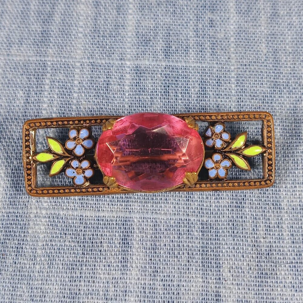 1930s Vintage Bar Pin w Pink Center Glass with Purple and Yellow Enamel Flowers